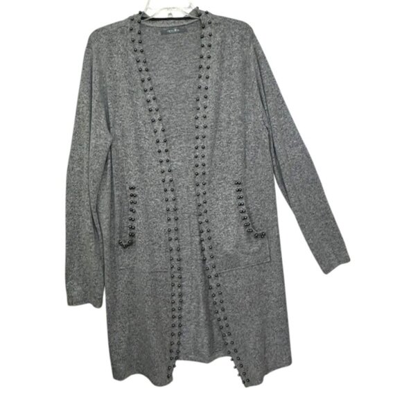 Coin 1804 Beaded Long Cardigan Sweater Duster Pockets Stretch Soft Lightweight L - Picture 2 of 14